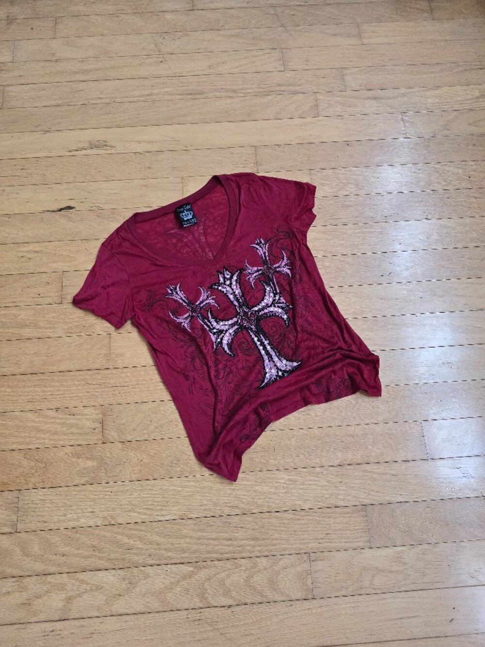 Vintage Y2K | WhimsyGoth Rhinestone Cross Red Grunge T-Shirt | WMS XL